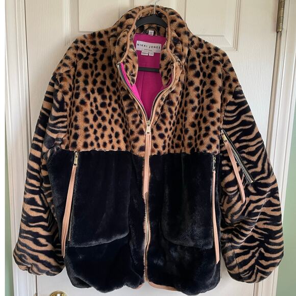 Nikki Jones Multi Print Faux Fur Jacket Balloon Sleeves Pockets Sz L Mob Wife - Picture 2 of 16